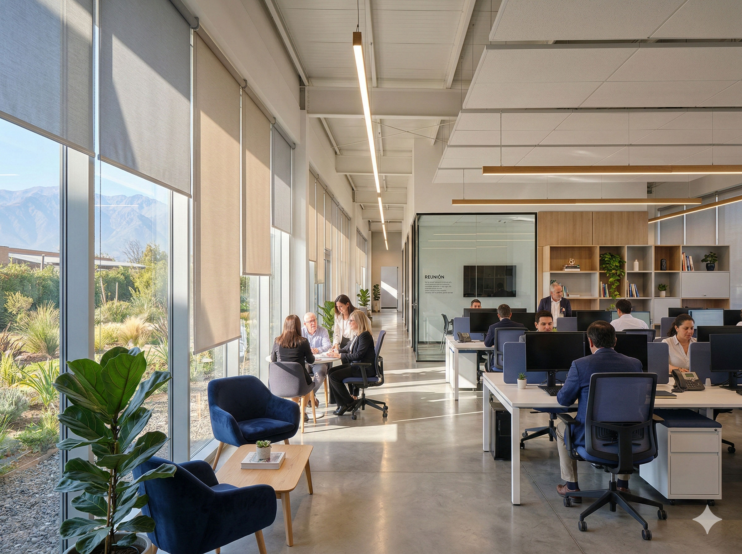 Oficina comercial con soluciones profesionales de cortinas y toldos instalados por Roller Store